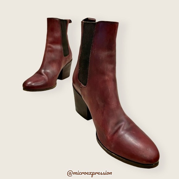 Frye Cherry Burgundy Red Genuine Leather Vintage-Retro Moto Gore Stretch Bootie - Picture 3 of 10